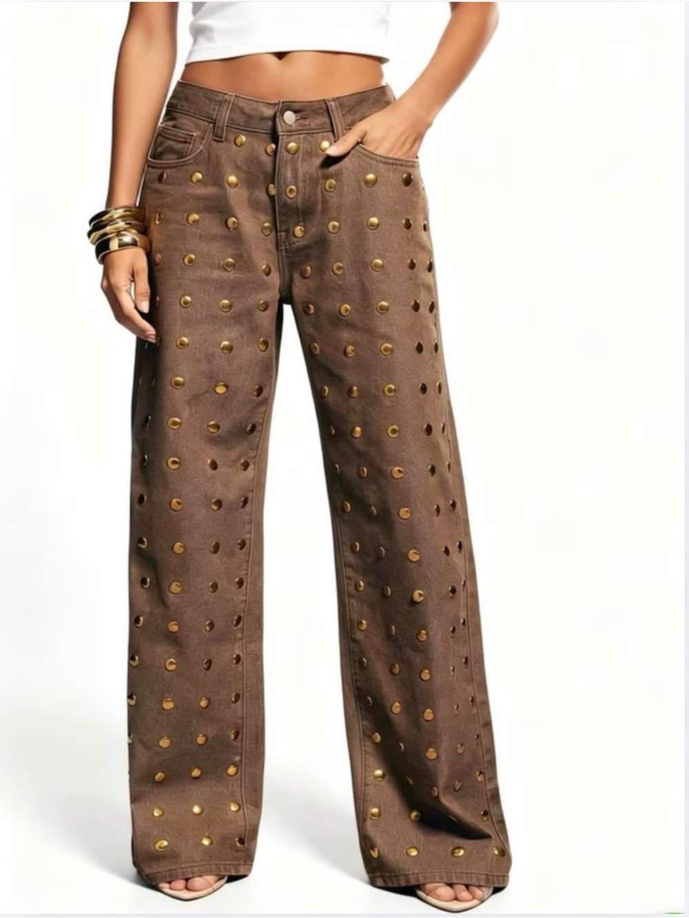 PANTS: Brown Riveted/Studded Wide-Leg Denim, NWOT - Picture 2 of 7